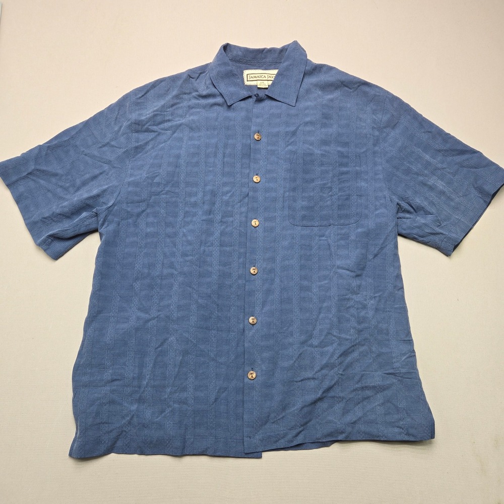 Jamaica Jaxx Silk Button Down Shirt Textured Stripe Blue Short Sleeve Mens L